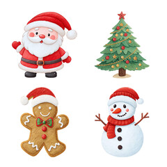 Watercolor Christmas clipart set with Santa Claus, snowman, gingerbread cookie, and decorated tree