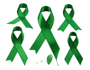 Six emerald green awareness ribbons, some overlapping, isolated on black