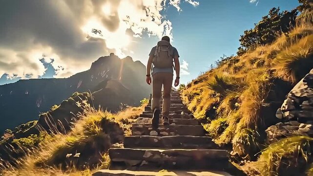 Hiker climbs the stone steps up a mountainside trail with a backpack, ascending towards the sunlight, showcasing adventure, travel, and the achievement of outdoor goals.