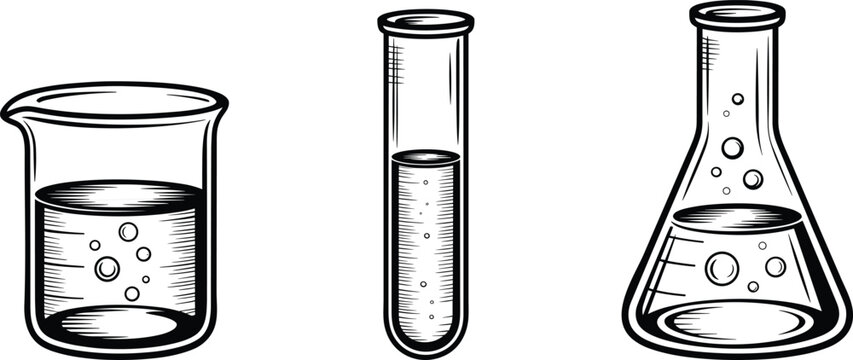 Laboratory glassware illustration, beaker with bubbles, test tube experiment, Erlenmeyer flask reaction, chemistry equipment vector, science research icon design