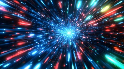 A vibrant, dynamic display radiating bright, colorful light streaks emanating from a central point against a dark backdrop.