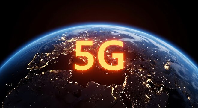 Global 5G network highlighted over a detailed map of Earth, showcasing the reach of next-generation mobile technology.