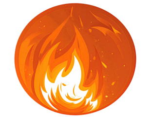Fiery orange circle graphic with stylized flames
