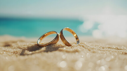 Wedding Rings Golden Pair on Beach Sand, Symbol of Marriage and Love, Luxury and Glittering Gold Bands, Tropical Ocean Backdrop, Honeymoon Destination Concept, Promise of Forever, Celebration of Union