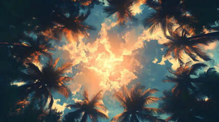Palm Trees and Sunset Sky Looking Upward, Dramatic sky filled with cumulus clouds and the silhouettes of palm trees, vibrant color, travel destination, tropical vibes, exotic vacation, holiday getaway
