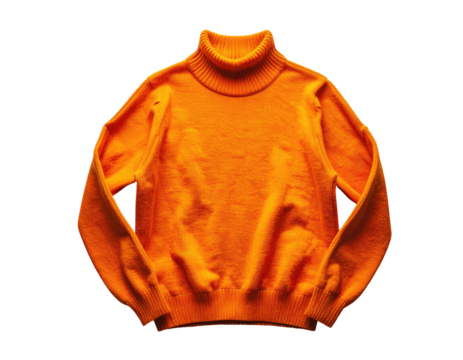 Vibrant orange turtleneck sweater, laid flat against black background