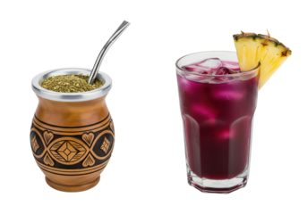 South American Yerba Mate and Peruvian Chicha Morada drink set isolated traditional beverages for a transparent background PNG