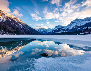 Frozen lake and snowy mountains create a peaceful winter landscape at dusk Generative AI