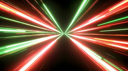 Dynamic, vibrant red and green light trails converge in a symmetrical, fast-paced design, creating a captivating visual experience.