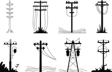 Black and white utility pole illustration, electrical power line design, telecommunication pole artwork, infrastructure vector drawing, rural and urban energy concept