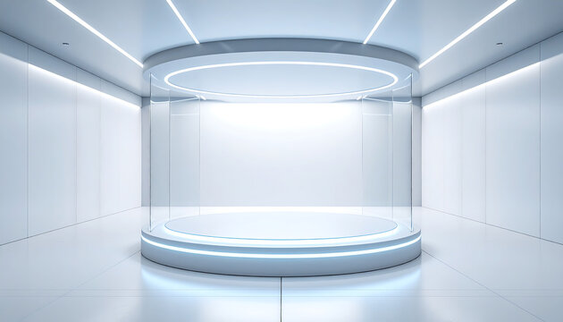 Futuristic sci-fi laboratory interior featuring an empty glowing glass cylinder for product display, a clean modern room with nobody