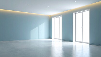 Obraz premium Bright, airy room with blue walls and natural light flooding through large windows