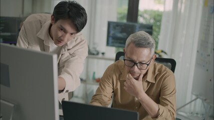 Asian senior student learning coding and AI technology with guidance from a young teacher having a computer, white board on background highlighting teamwork, digital skills, and intergenerational lear - Powered by Adobe
