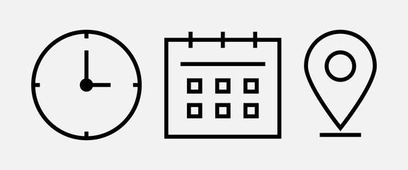 Set or Collection of Time Date Location or Address Icon. High Quality Line Art Vector Icon