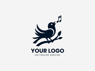 Fototapeta premium Elegant singing bird vector logo with musical notes and microphone for music school or recording studio