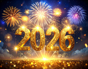 Firefly Happy New Year celebration with golden 2026 and dazzling fireworks display Generative AI