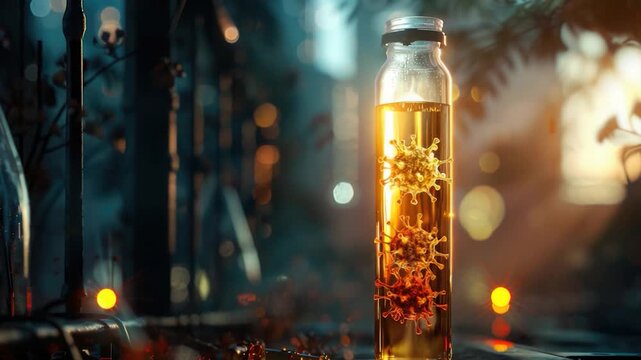 A clear glass bottle filled with water and adorned with fresh flowers, perfect for decorative purposes or as a symbol of serenity