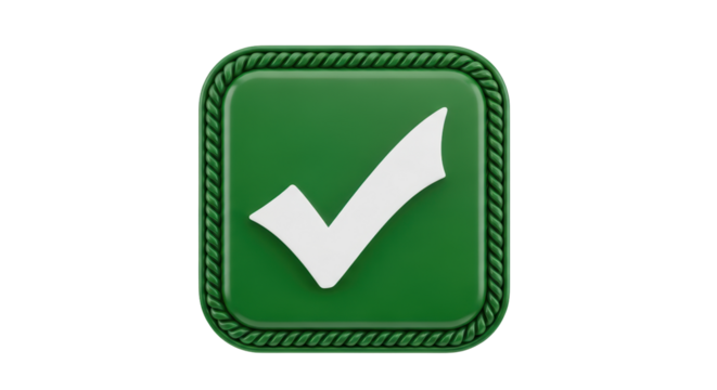 Isolated green approval button with check mark and rope border, quality assurance graphic