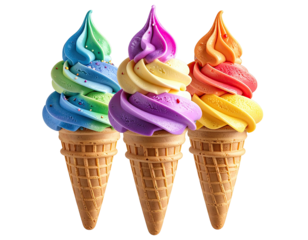 Three colorful ice cream cones, showcasing swirls of vibrant rainbow-colored ice cream, topped with sprinkles