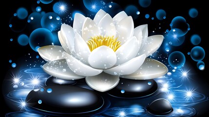 A radiant white lotus flower rests gracefully on dark stones, bathed in shimmering blue light, creating a serene and captivating visual.