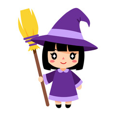 Cute Witch with Broom Halloween Illustration for Festive Designs and Decorations