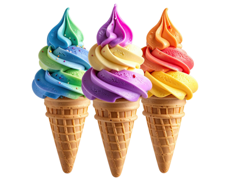 Three colorful ice cream cones, showcasing swirls of vibrant rainbow-colored ice cream, topped with sprinkles