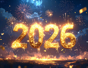 Happy New Year 2026 glowing with fireworks lighting up the night sky Generative AI