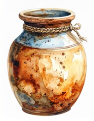 Watercolor Illustration of Brown and Blue Ceramic Pot with Rope Tie Detailed Painting on White Background