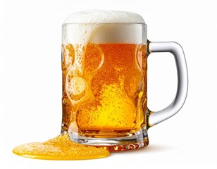 Full Glass of Golden Beer with White Frothy Head on White Background