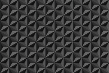 Concave black tetrahedrons (equilateral triangles) grouped together forming hexagons and star shapes filling the whole screen. Illustration as a background for slide show software and web design