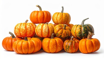 Pile of Various Orange and Yellow Pumpkins with White Background for Festive Autumn Display Still Life