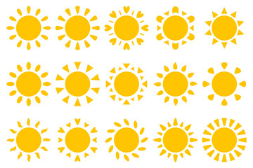 Sun icons vector symbol set. yellow sun Shining light rays to heat the summer. Isolated on white background.