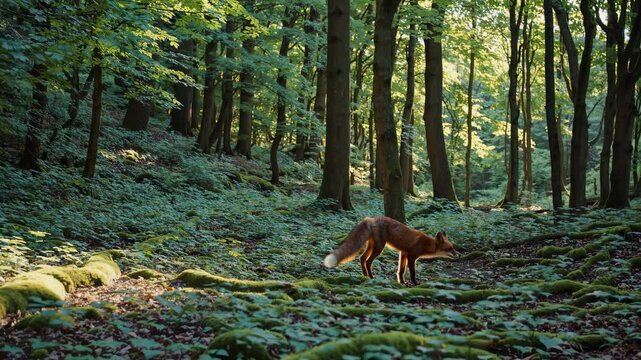 A Fox Stands Calmly in a Sunlit Forest Surrounded by Greenery and Trees, Creating a Peaceful Nature Scene in a Woodland Setting
