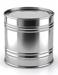 Shiny Silver Metal Container on White Background with Reflections and Shadow for Food Preservation
