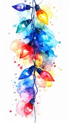 Watercolor Illustration of Colorful Holiday String Lights with Splattered Paint Background