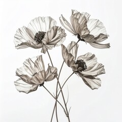 Sepia Toned Poppy Flower Arrangement on White Background in Square Format