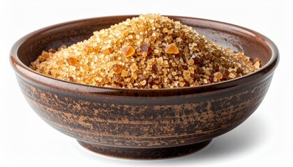 Pile of Brown Sugar Crystals in a Brown Ceramic Bowl Isolated