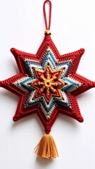 Red White Blue Star Ornament with Eight Points on White Background Studio Shot