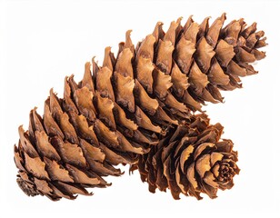 Group of Two Brown Pine Cones in Detailed Close Up on White Background