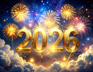 Celebrate New Year 2026 with golden letters and sparkling fireworks in the night sky Generative AI