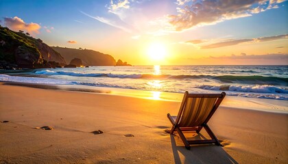 A serene beach scene captures a deck chair, sun, sea, and sand, promising relaxation. Golden hour light enhances the tranquil seaside getaway