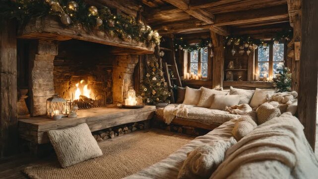 A warm living room features a rustic fireplace glowing with a fire, surrounded by cozy seating, soft blankets, and holiday decor, creating a festive atmosphere perfect for winter