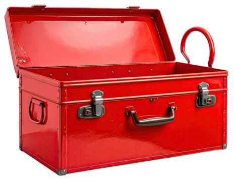 Open red metal trunk with black handles and clasps
