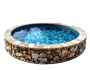 Round, shallow hot tub with a stone-laid edge, filled with clear blue water