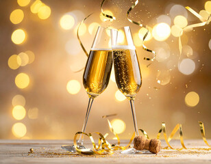 Celebrate New Year with clinking glasses and golden bubbles in a joyful atmosphere Generative AI