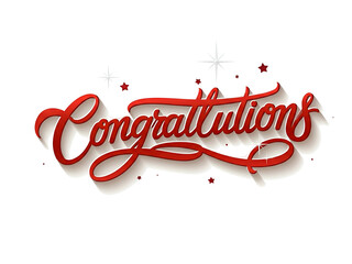 Elegant red script typography spelling "Congratulations" with decorative swirls, drop shadow, and small star accents on a white background.