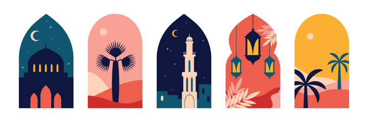 Set of oriental style Islamic windows. Islamic arches, houses, mosques, domes, moon, palm trees, lanterns. Boho style. Templates for Ramadan Kareem, Eid al-Adha, Muslim holidays