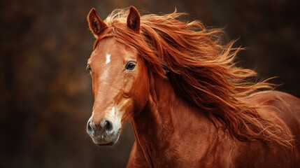 Obraz premium Graceful Healthy Horse in Motion: Stunning Portrait of a Red Equine with Flowing Mane Against a Natural Background