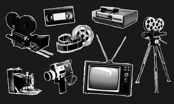 A collection of halftone elements: movie cameras, cassette tapes, a television, and a VCR on an isolated background. Modern vector illustration in a retro grunge style with a dotted texture. Halftone 