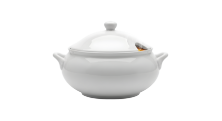 White porcelain soup tureen with lid for serving food Elegant design studio shot Isolated on white background